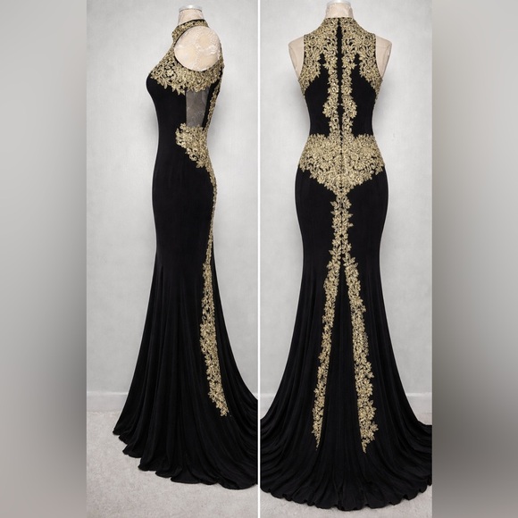Aqua Black Gold Lace Mermaid Gown Size 0 Illusion Back Formal Dress